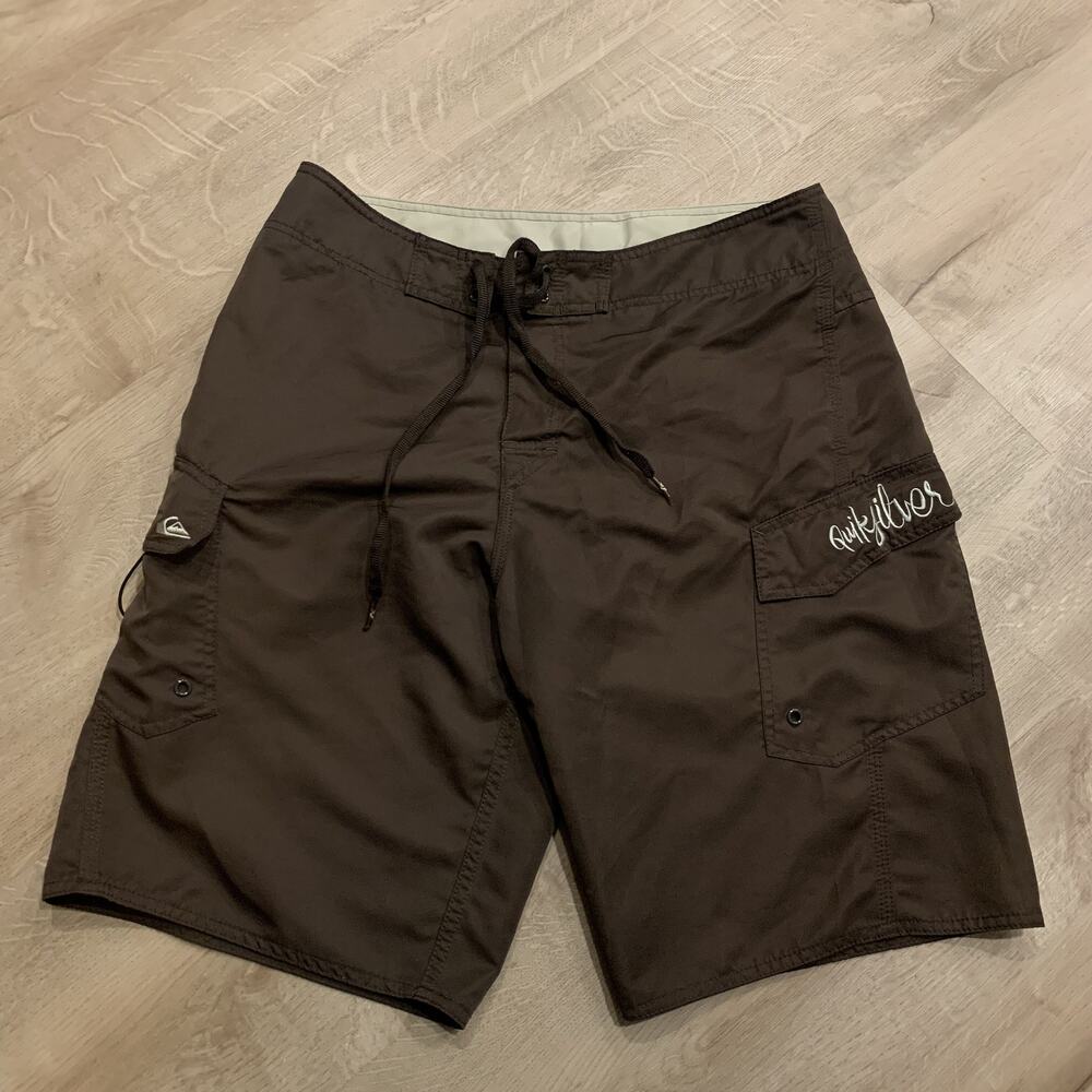 Y2K Quiksilver Brown Surf Board Shorts Men's 32 Embroidered Logo Swim Trunks